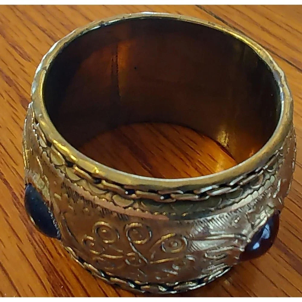 Vintage Brass Napkin Rings Etched Glass Cobachon Gothic Romantic Castlecore EXC